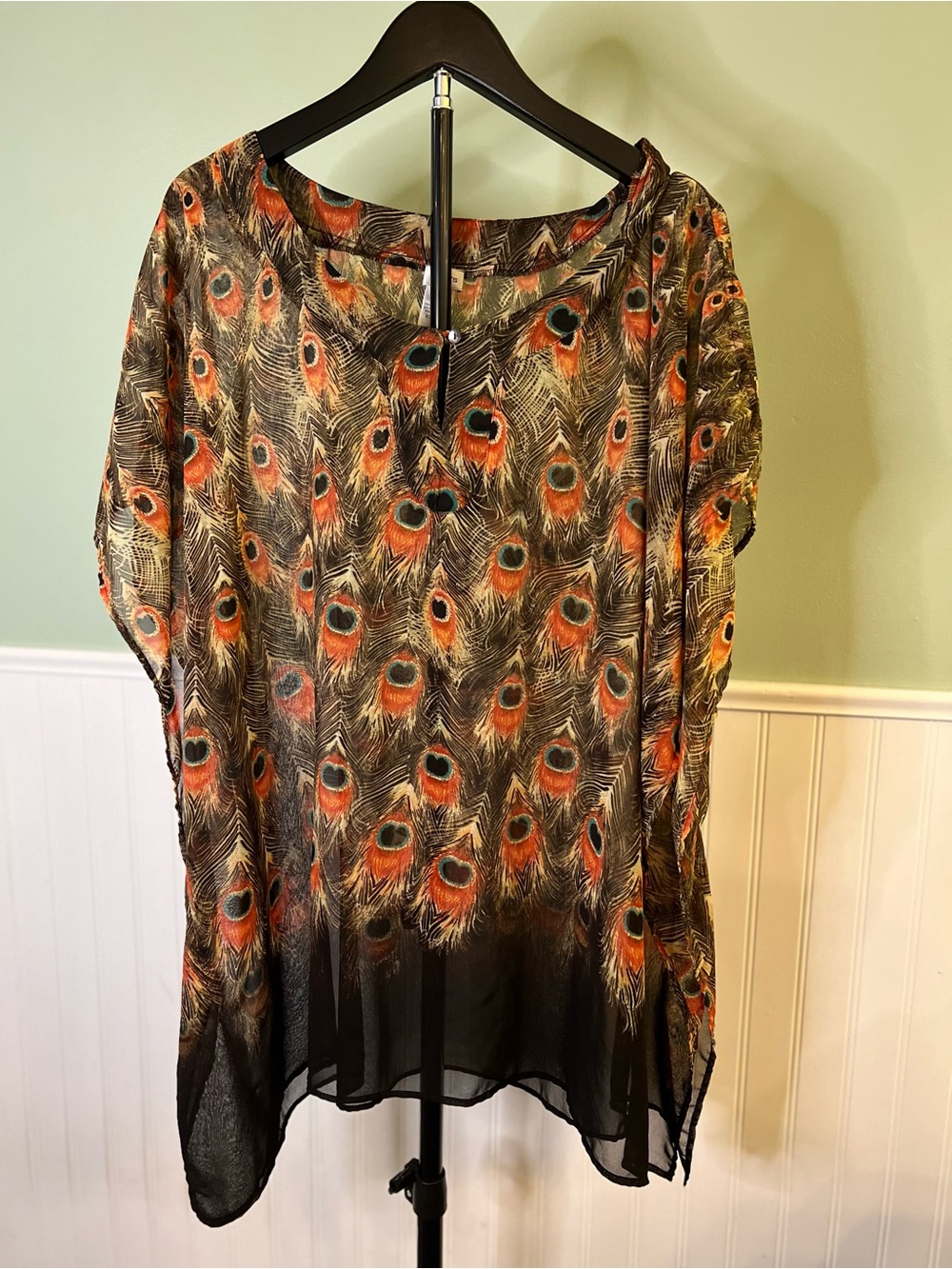 Chico's Sheer Peacock-Feather  - Black, Orange, Green Poncho Top. Size M/L